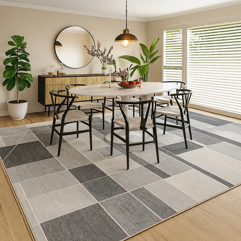 Patch Work Rugs in Dining Area